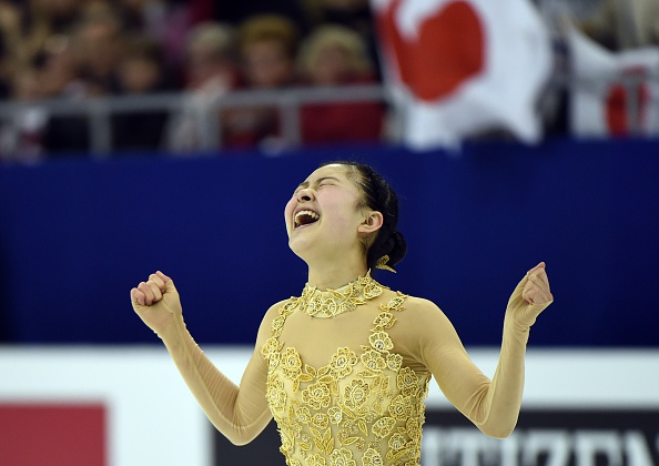 Japan's Kanako Murakami reacts after completing her short programme routine ©AFP/Getty Images