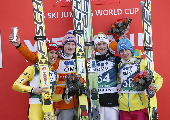 Japan's Noriaki Kasai (left), Germany's Severin Freund (centre, left), Slovenia's Peter Prevc (centre, right), and Poland's Kamil Stoch (right) on the podium ©Getty Images