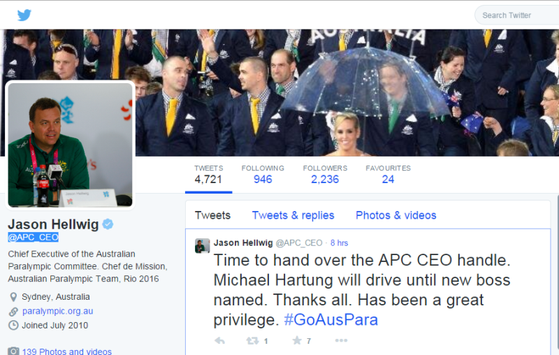 Jason Hellwig announced n Twitter he was stepping down as chief executive of the Australian Paraympic Committee ©Twitter