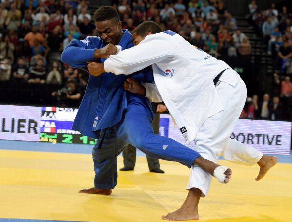Loic Korval (in blue) on his way to winning the gold medal in the under 66 kilogram category at the 2014 European Judo Championships in Montpellier ©AFP/Getty Images
