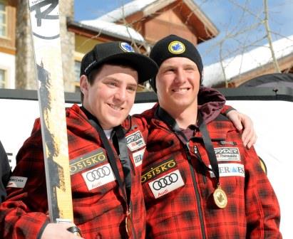 Mac and BJ Marcoux celebrate following their World Championship victory on home snow ©Alpine Canada