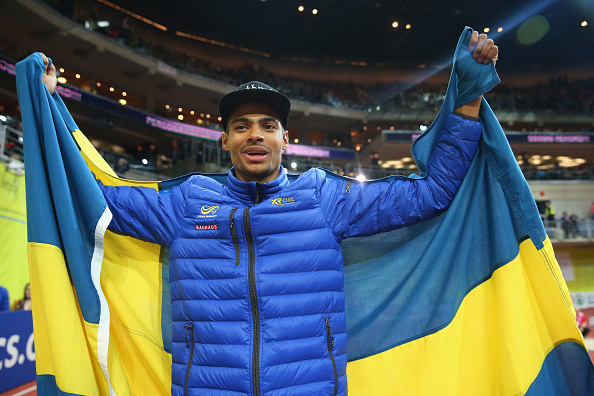 Sweden's Michel torneus celebrates European Indoor gold in the long jump ©Getty Images