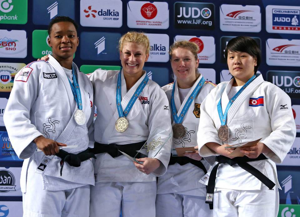 Olympic champion Kayla Harrison (second left) continued her dominance of the women's under 78kg category by winning gold in Tbilisi ©IJF/Facebook