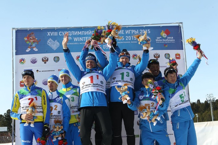 Russia's men's cross-country relay team powered to a dramatic gold by beating Ukraine by 2.9 seconds at the Deaflympics ©Ugra 2015