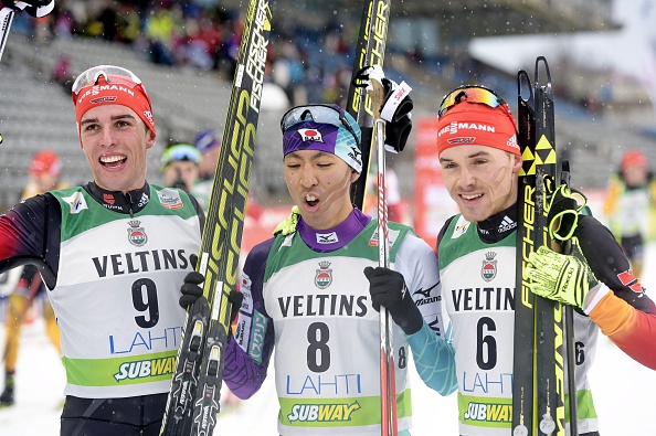 Japan's Akito Watabe saw off competition from Germany's Johannes Rydzek and Rieβle to take victory in the Nordic Ski World Cup event in Lahti ©AFP/Getty Images