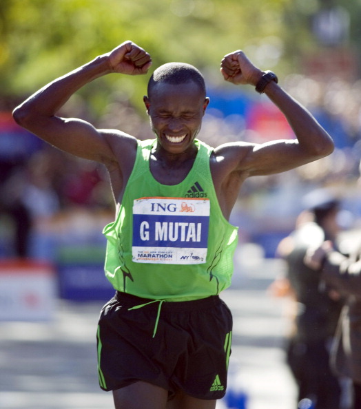 Kenya's former unofficial world marathon record holder Geoffrey Mutai, pictured after winning the 2011 New York marathon, has been added to the field for this year's London Marathon ©AFP/Getty Images