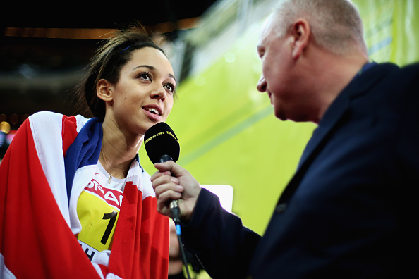 Britain's Katarina Johnson-Thompson talks to television after her pentathlon win at the European Athletics Indoor Championships in Prague ©Getty Images