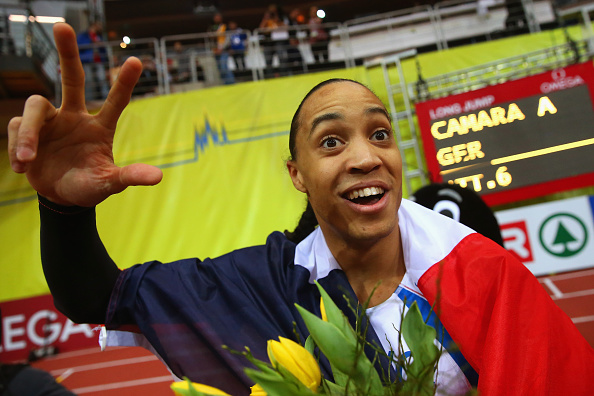 Pascal Martinot-Lagarde celebrates after leading a French clean sweep in the men's 60m hurdles in Prague's 02 Arena ©Getty Images
