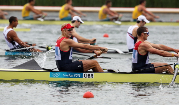 Alex Partridge (centre) en route to winning an Olympic bronze in the men's eight at the London 2012 Games, a medal stolen soon afterwards and which has yet to be reclaimed ©AFP/Getty Images