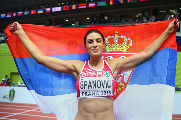 Ivana Spanovic of Serbia celebrates winning the European Athletics Indoor long jump gold ©Getty Images