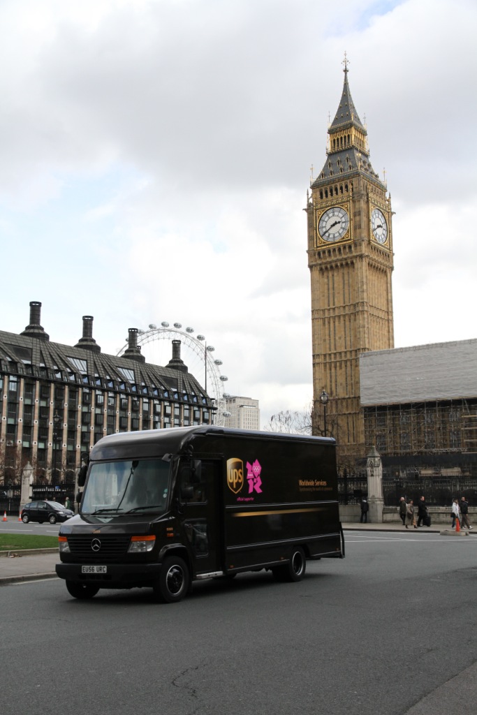 UPS_Van_going_past_House_of_Commons_and_London_Eye