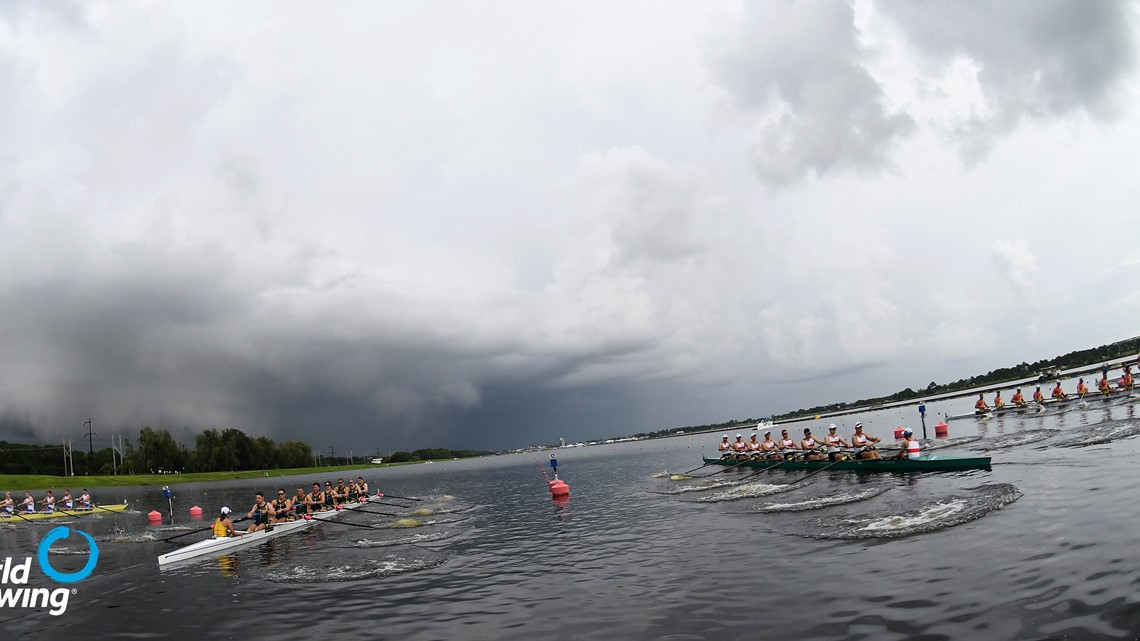 Heats and humidity give way to lightning at World Rowing Under 23 Championships as British and US eights limber up