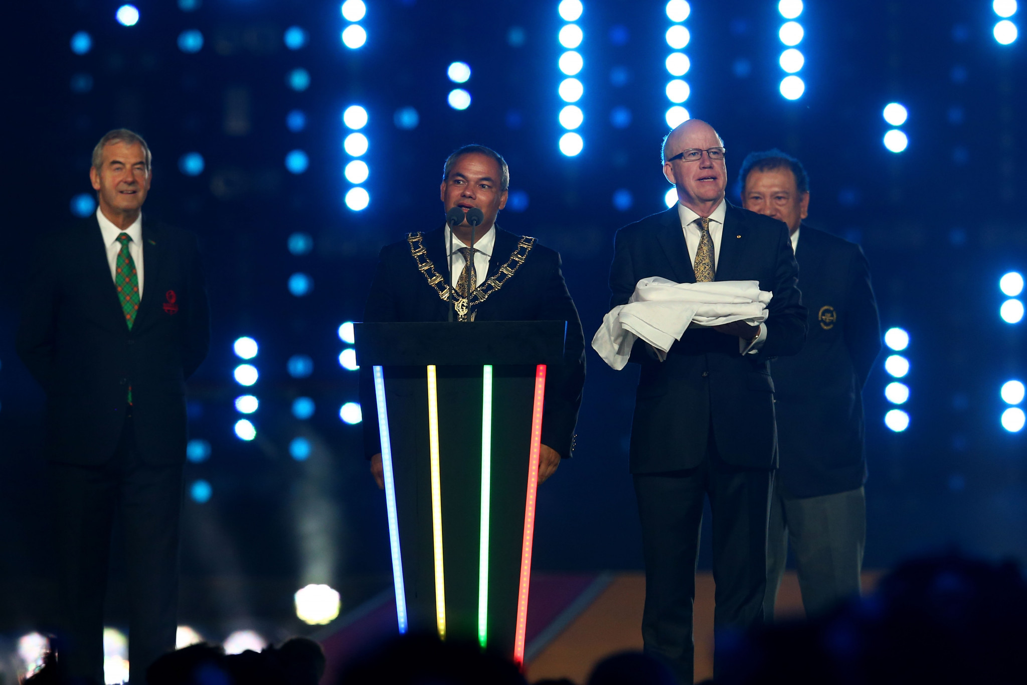 Mayor of the City of Gold Coast, Tom Tate speaks during the Closing Ceremony for the Glasgow 2014 Commonwealth Games at Hampden Park ©Getty Images