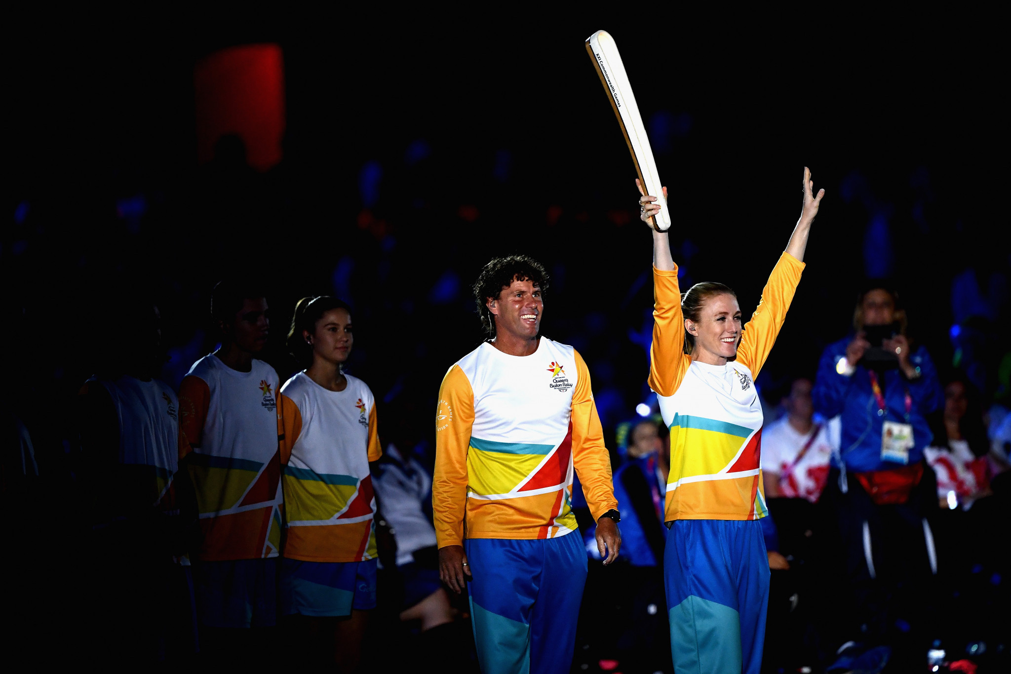Sally Pearson carries The Queen's Baton during the Opening Ceremony for the Gold Coast 2018 Commonwealth Games ©Getty Images
