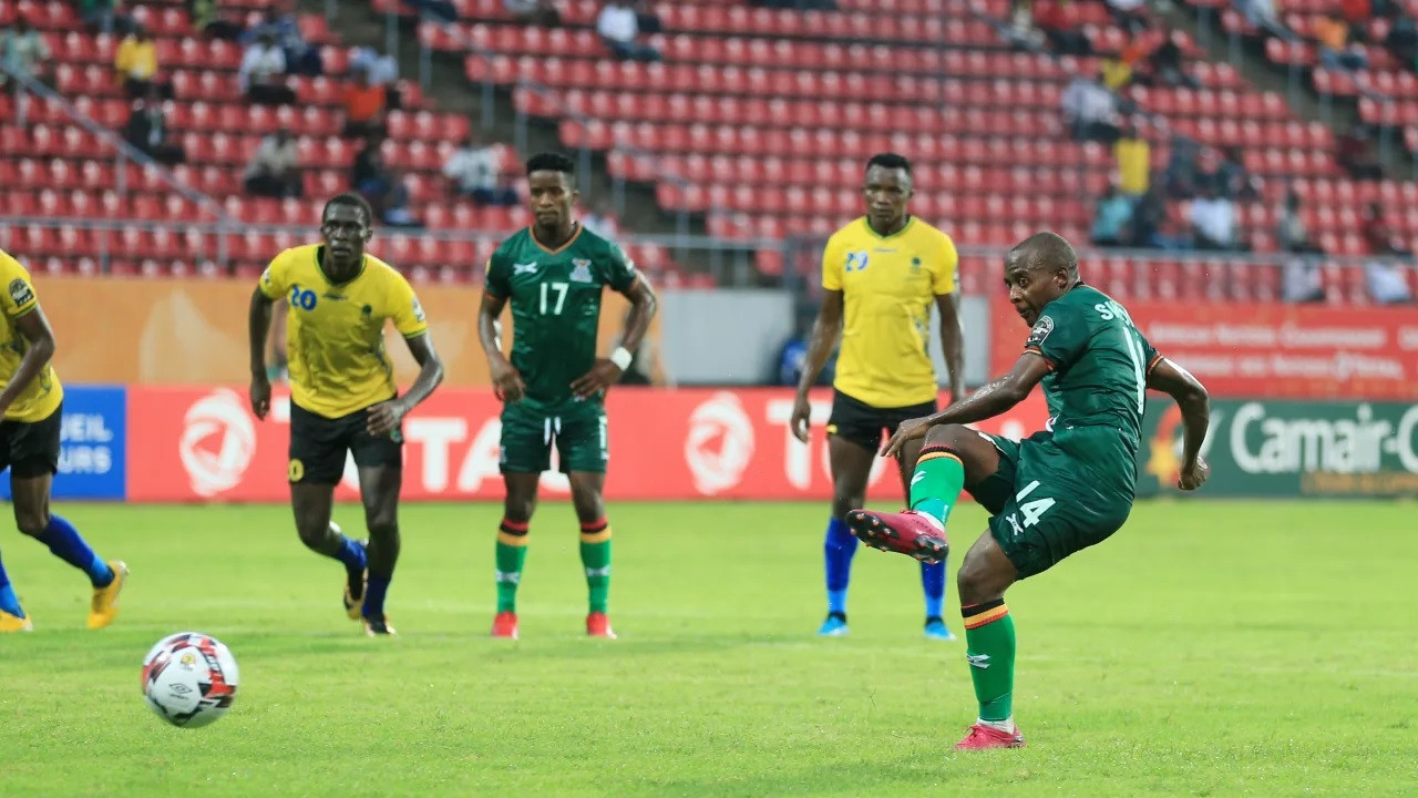 Collins Sikombe opens the scoring from the penalty spot for Zambia against Tanzania ©CAF