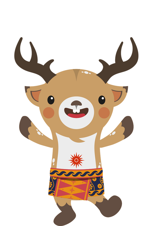 Atung is a Bawean deer that represents speed and the central area of Indonesia.  Atung's clothing of choice is a saroong with Jakarta's batik's tumpal pattern.